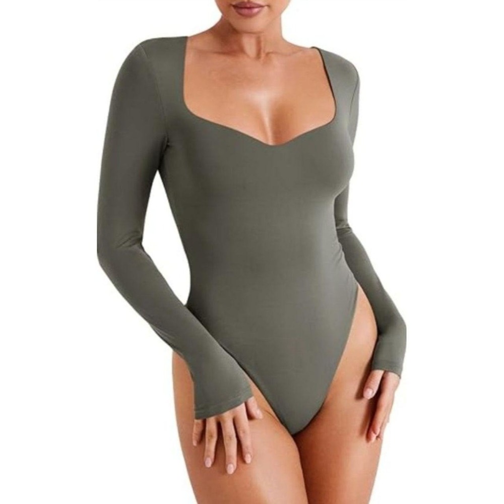 Reoria Women's Gray/Green Sweetheart Neck Long Sleeve Thong Bodysuit Size Large - Picture 2 of 8